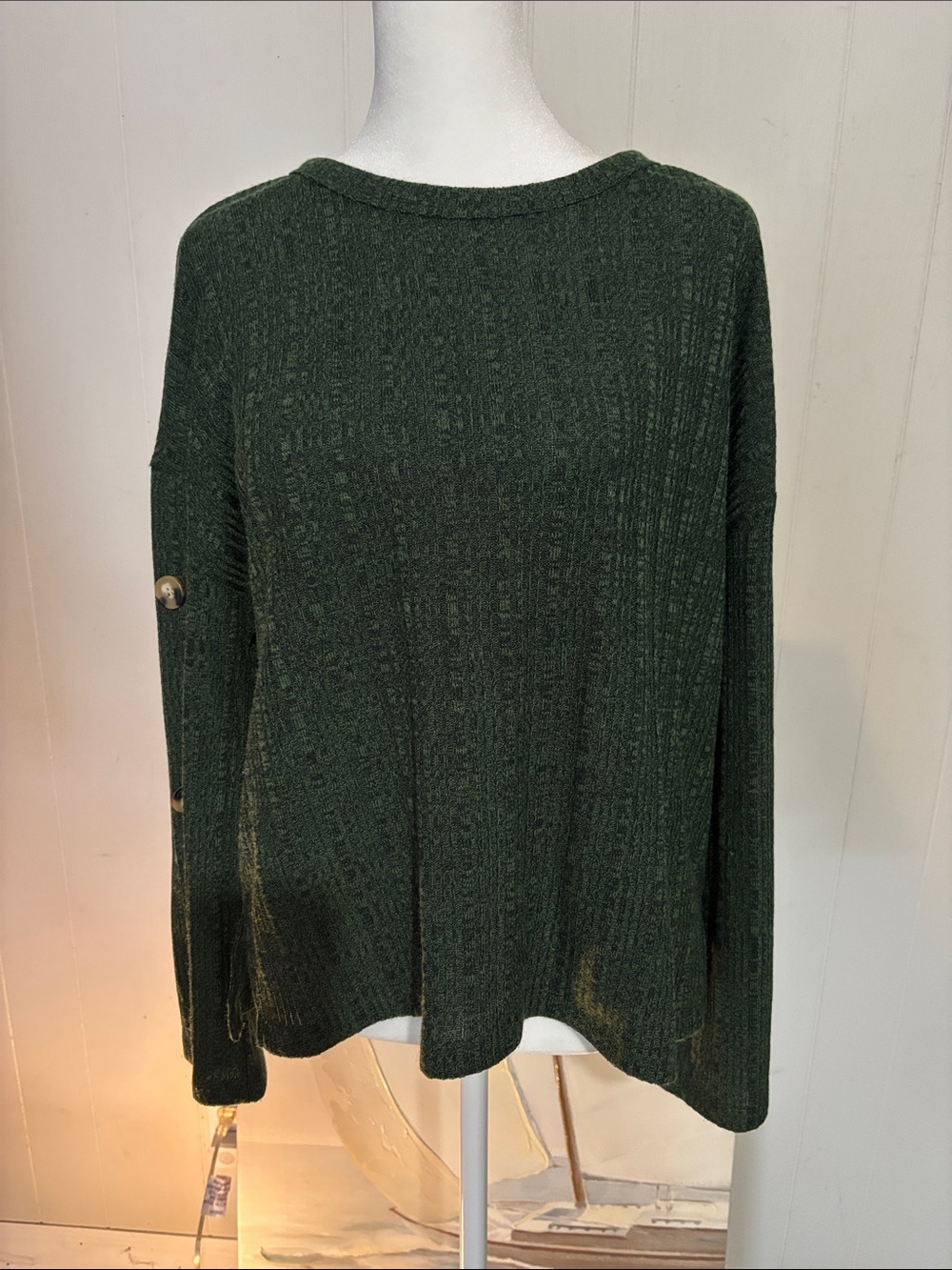 new directions Dark Green Crewneck Sweater with Button Sleeve Detail